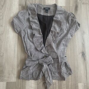 A. Byer Gray Ruffle Tie-Waist Short Sleeve Blouse